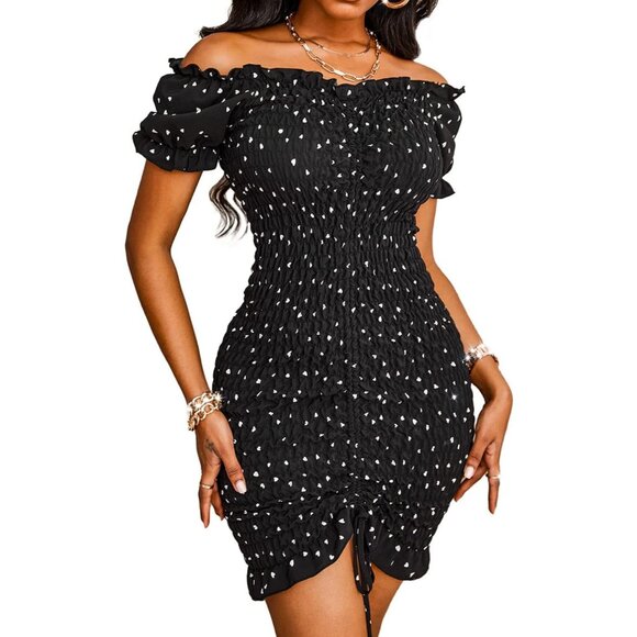 Women's Off Shoulder Bodycon Dress Summer Short Sleeve Smocked Mini - Picture 1 of 5